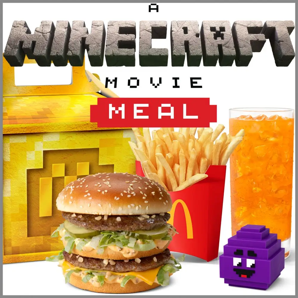 A Minecraft Movie Meal featuring a Big Mac®, fries, and a drink, presented in a colorful, themed packaging.